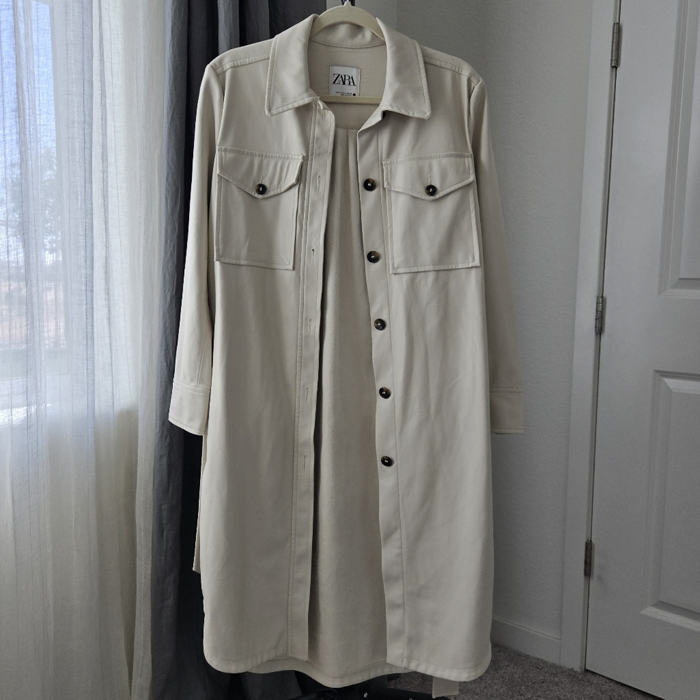Zara Cream Faux Leather Button-Up Long Jacket Size S